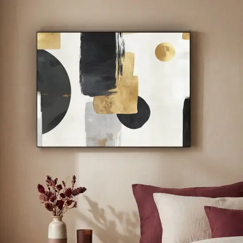 Goud - Rechthoeken - Cirkels - Abstract Textielframe zwart klein -sfeer1
