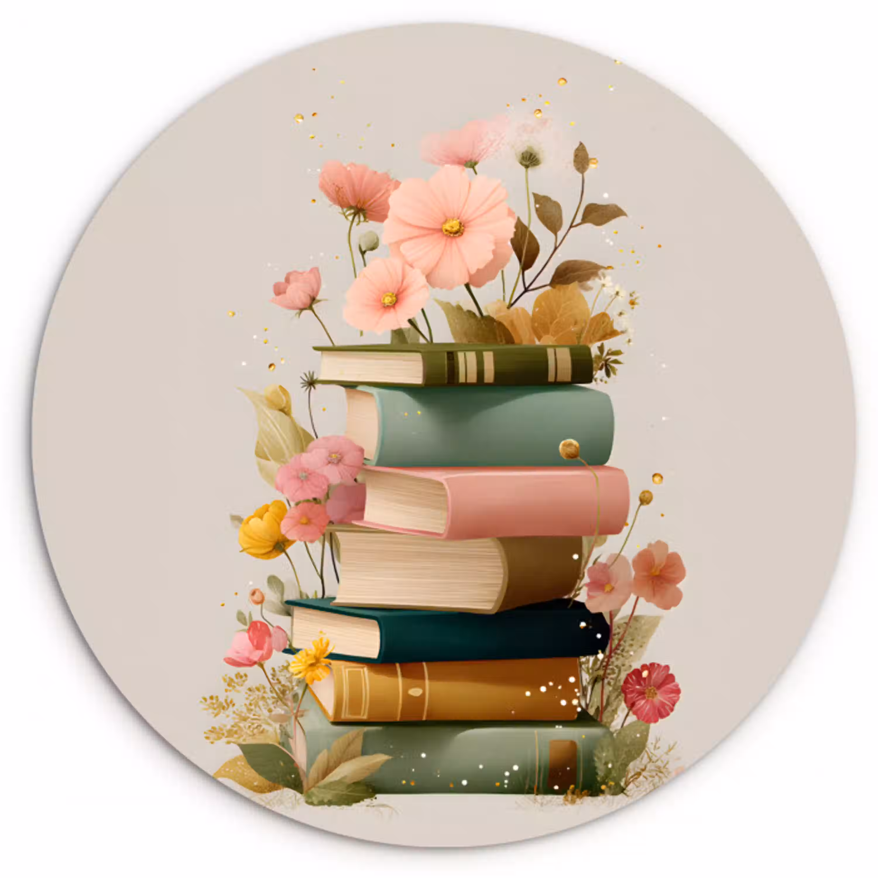 Boeken - Stapel - Bloemen - Kleurrijk Wandcirkel kunststof plaat 5mm dik klein -3d