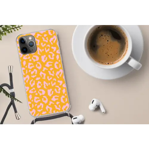 Panterprint - Oranje - Roze - Dierenprint Hoesje iPhone 12 Pro met koord klein -oordop