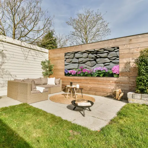 Hortensia’s - Stenen - Muur - Bloemen Tuinposter op houten frame 2 cm dik xxl -sfeer2