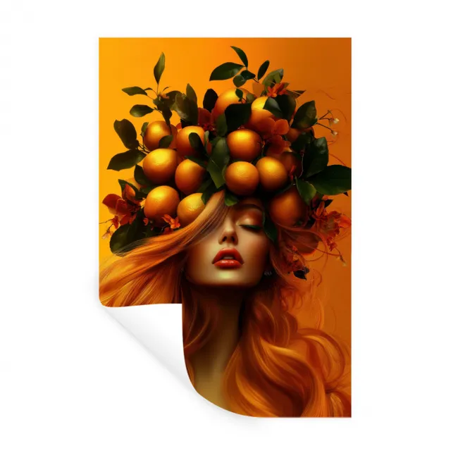 Vrouw - Citroenen - Bloesem - Geel Muursticker klein -3d