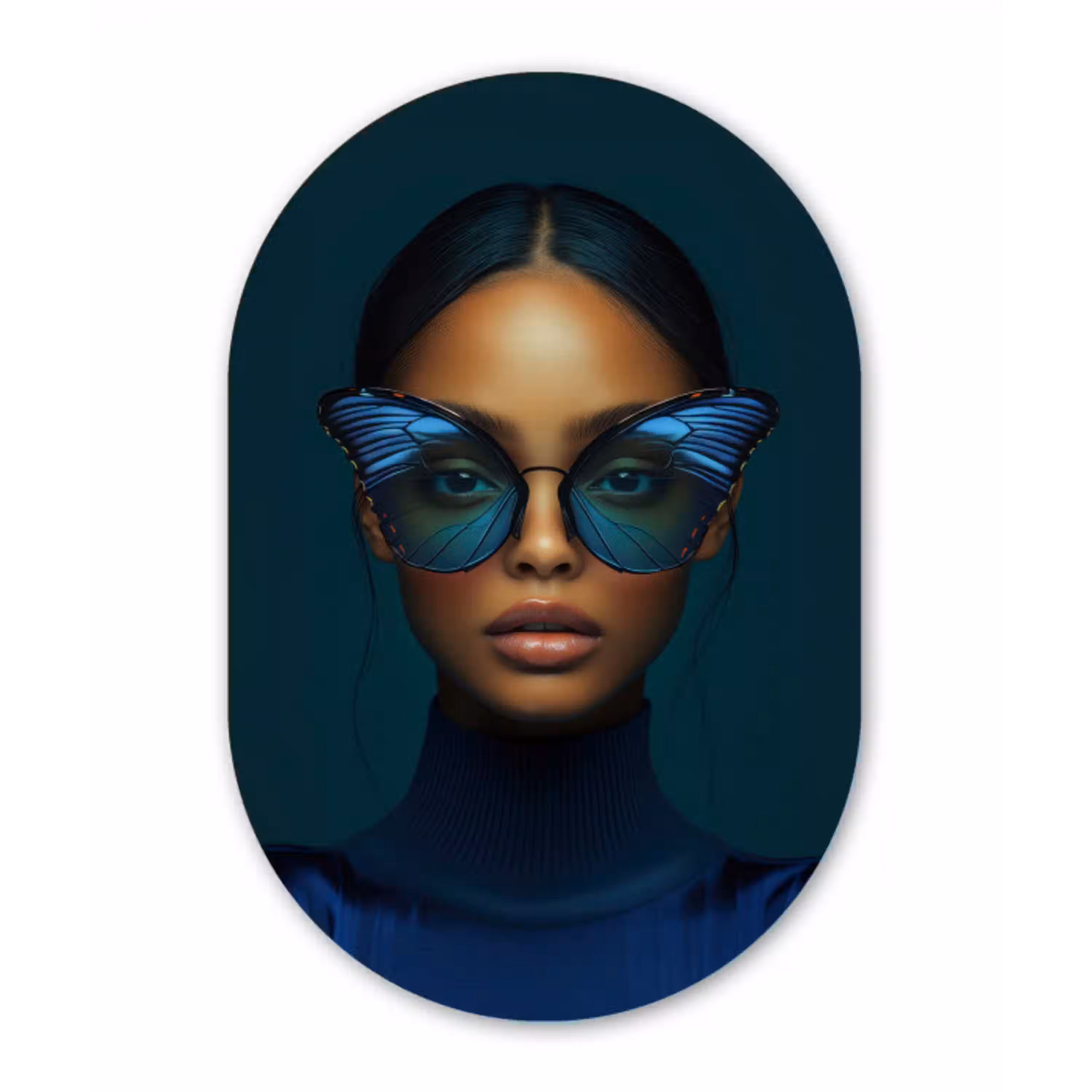 Vrouw - Vlinder - Bril - Blauw - Modern - Portret Wandcirkel Ovaal Glas middel -3d