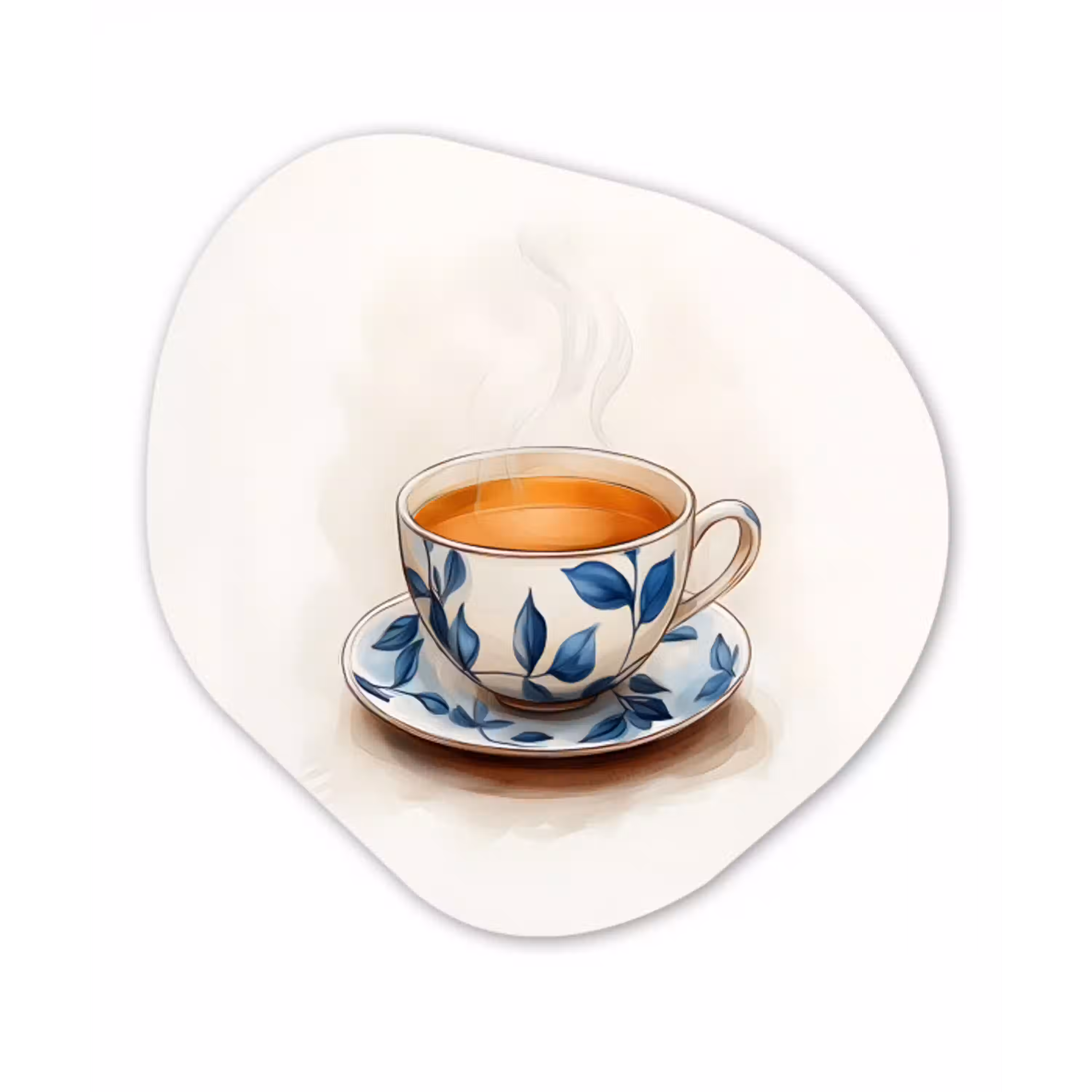 Theekop - Bladeren - Blauw Wandcirkel Organisch Aluminium middel -3d
