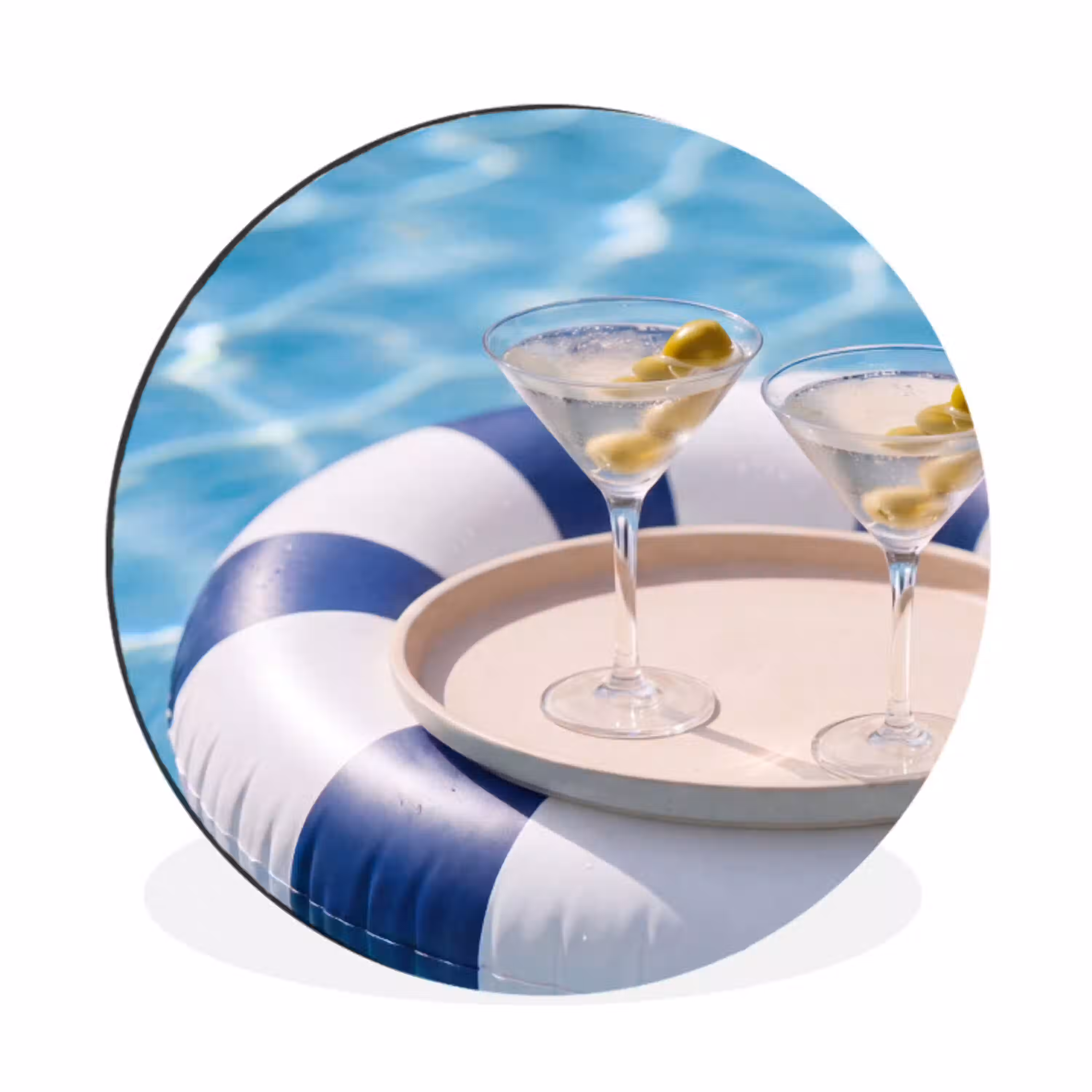 Cocktail - Zwembad - Zomer - Blauw Wandcirkel aluminium klein -3d
