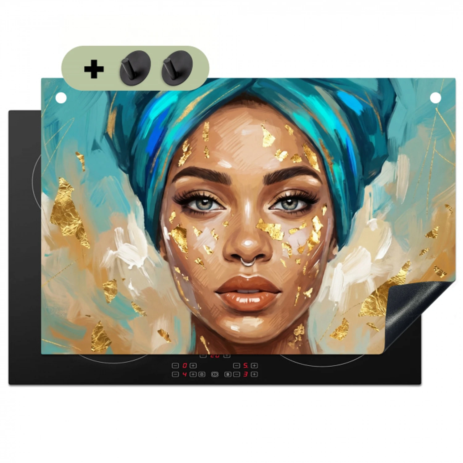 Portret - Vrouw - Schilderij - Blauw - Goud - Expressief Inductie beschemer met haakjes klein -3d