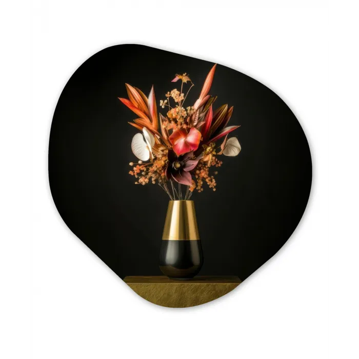 Exotisch - Boeket - Vaas - Goud Wandcirkel Organisch Plexiglas middel -3d