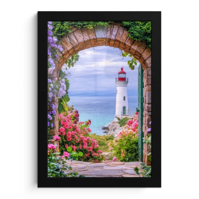 Doorkijk - Vuurtoren - Bloemen - Uitzicht fotolijst zwart zonder passe partout klein -3d