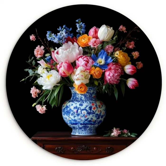 Rozen - Bloemen - Vaas - Boeket Wandcirkel kunststof plaat 5mm dik klein -3d
