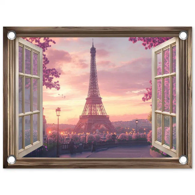 Doorkijk - Parijs - Eiffeltoren - Roze - Kersenbloesem tuinposter los doek klein -3d