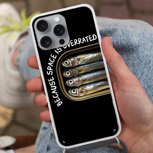 Sardines - Tekst - Vis - Blik Hoesje iPhone 16 Pro Max met koord klein -sfeer3