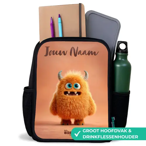 Oranje Pluizig Monster met Hoorns Rugzak - Zwart middel -inhoud_NL