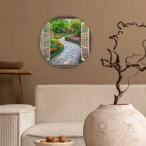 Doorkijk - Bloemen - Tuinpad - Natuur - Raam Wandcirkel kunststof plaat 5mm dik klein -sfeer1
