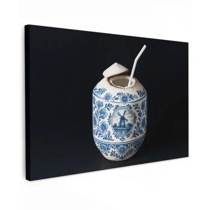 Kokosnoot - Eten - Delfts blauw - Drinken Tuinposter op houten frame 2 cm dik klein -3d