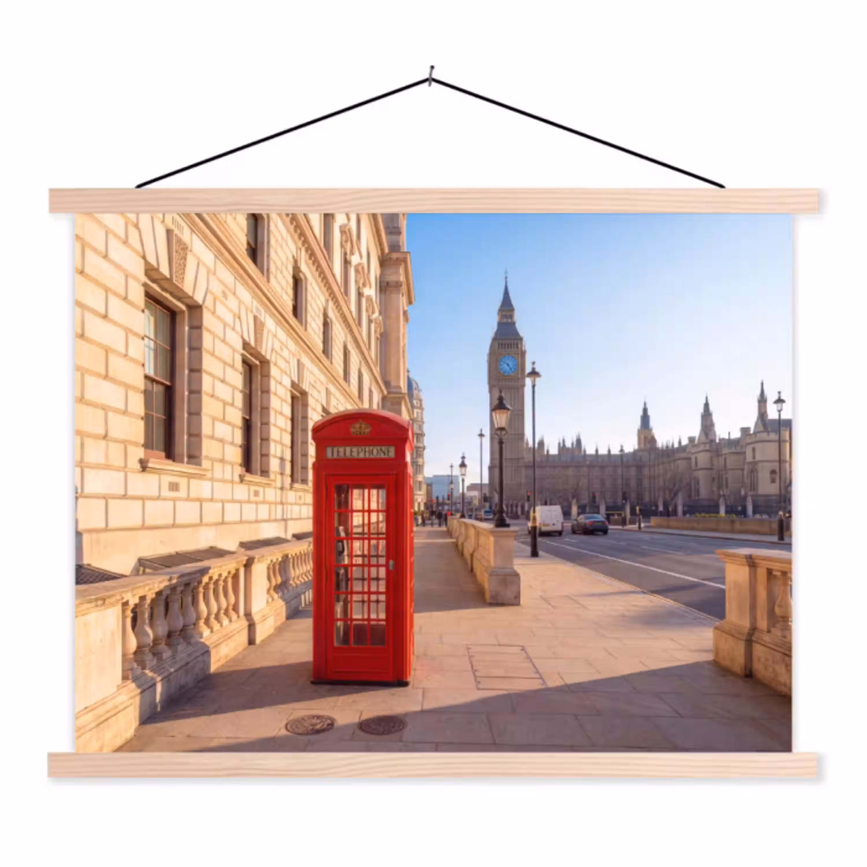 Telefooncel - Rood - Londen - Stad - Architectuur textielposter latten blank klein -3d