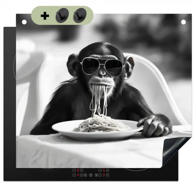 Inductiebeschermer & spatscherm (2in1) - Aap - Spaghetti - Zonnebril - Zwart wit - Cool - Dier
