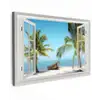 Doorkijk - Strand - Palmboom - Boot - Tropisch - Zee - Blauw Tuinposter op houten frame 2 cm dik klein -3d