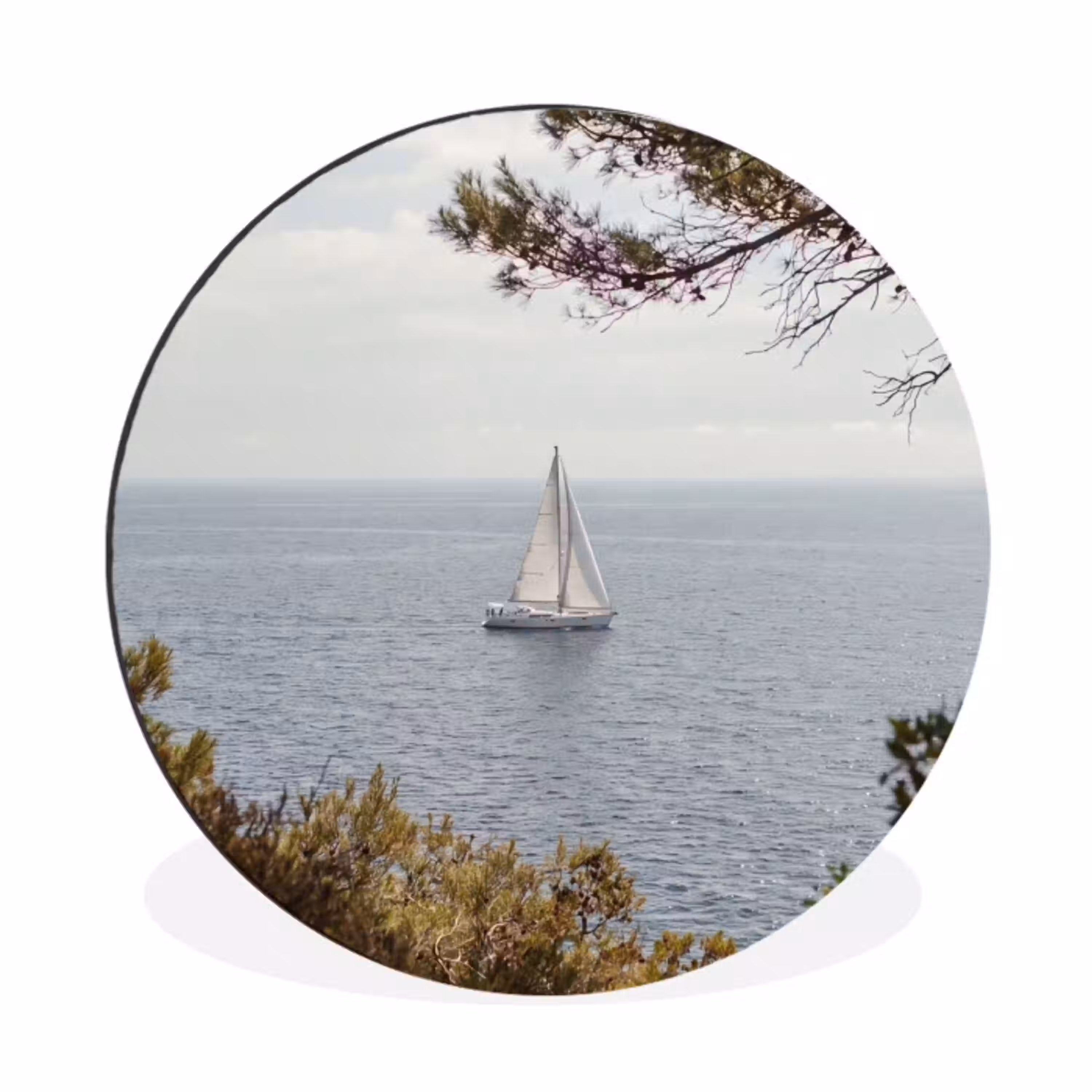Zeilboot - bomen - water Wandcirkel aluminium klein -3d