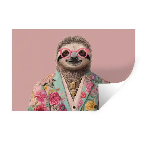 Luiaard - Bloemenprint - Bril - Roze Muursticker klein -3d