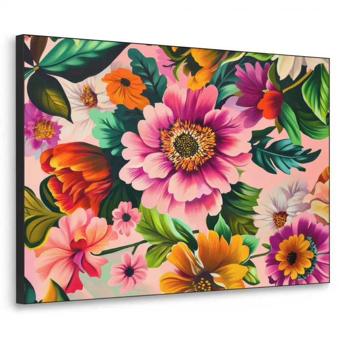 Bloemen - Kleurrijk - Roze Textielframe zwart klein -3d