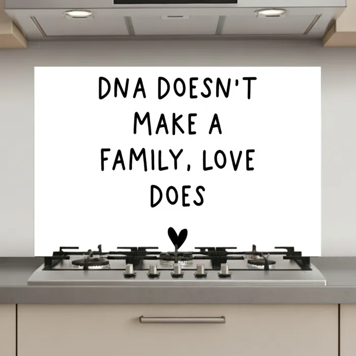 Engelse quote "DNA doesn't make a family, love does" met een hartje op een witte achtergrond keuken achterwand spatscherm klein -3d_website