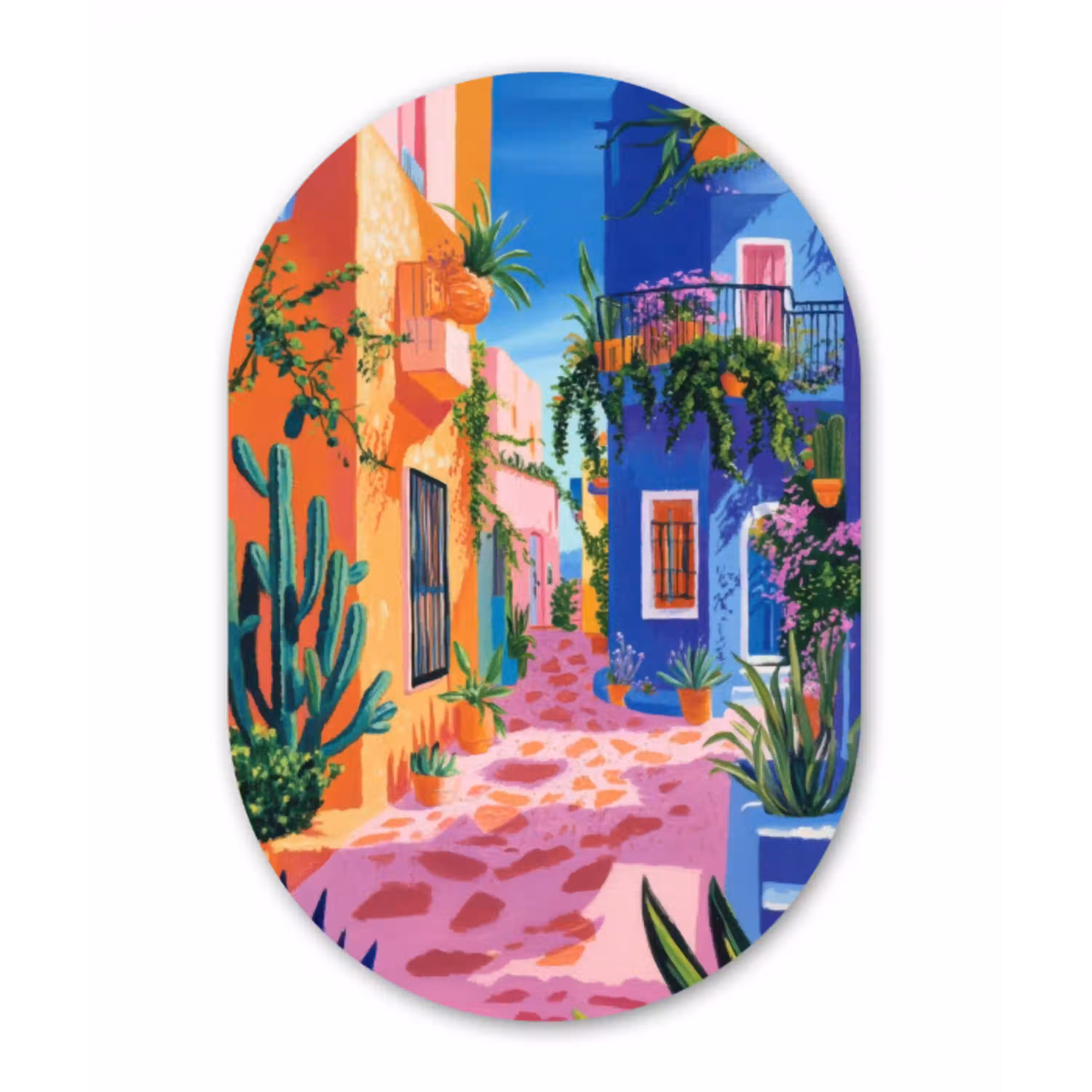 Geel - Blauw - Oranje - Huis Wandcirkel Ovaal Glas middel -3d
