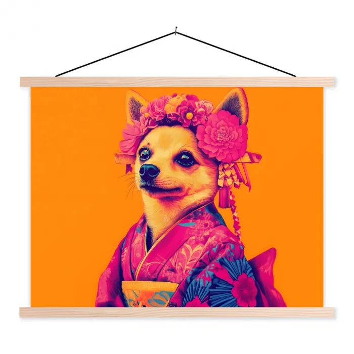 Kimono - Hondje - Bloemenkroon - Oranje textielposter latten blank klein -3d