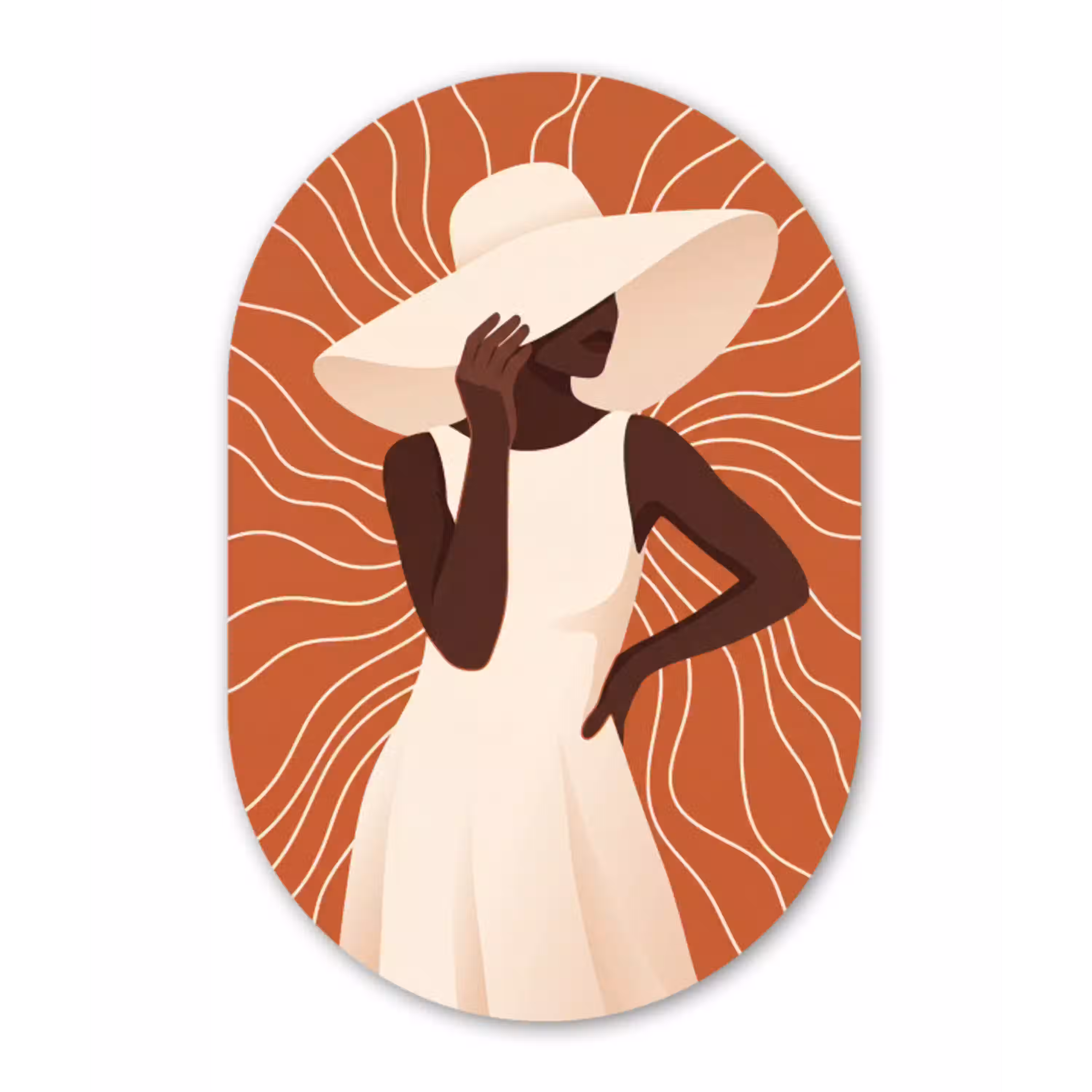Vrouw - Hoed - Portret - Modern - Beige Wandcirkel Ovaal Aluminium middel -3d
