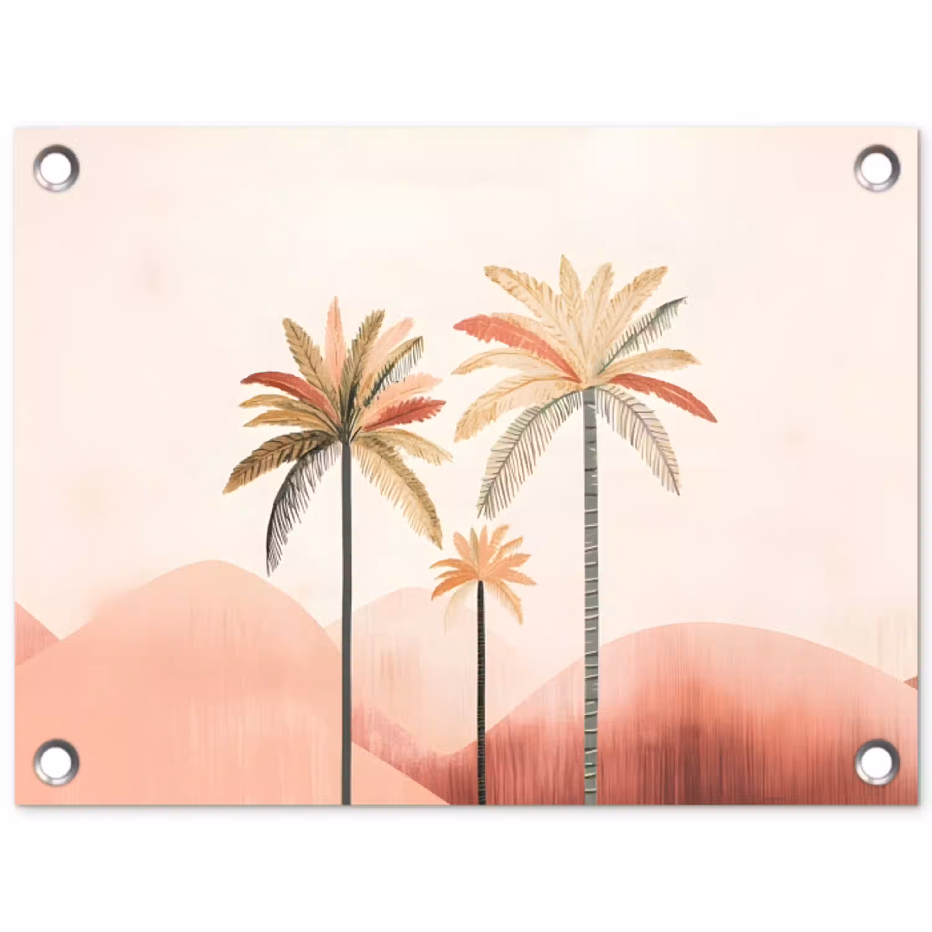 Palmbomen - Heuvels - Minimalistisch - Zachtroze tuinposter los doek klein -3d