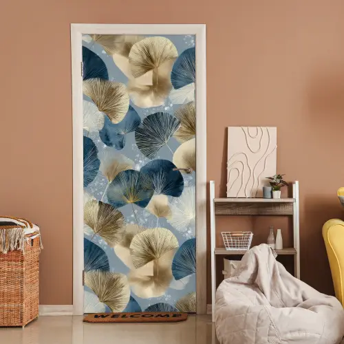 Bladeren - Abstract - Goud - Blauw deurposter klein -sfeer1