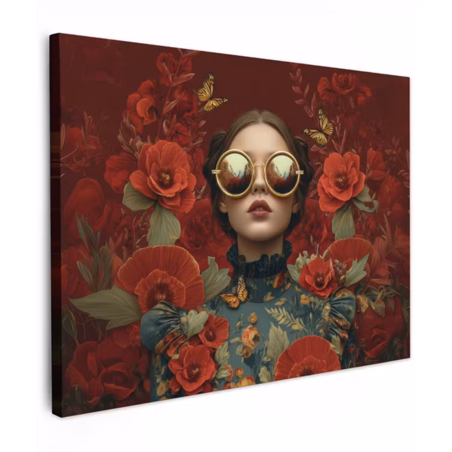 Canvas schilderij - Bloemen - Dieprood - Zonnebril - Vrouw