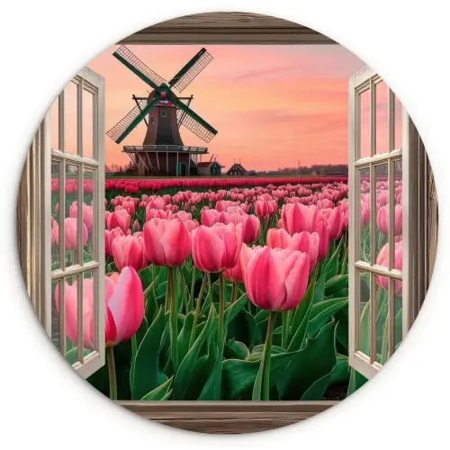 Doorkijk - Tulpen - Bloemen - Molen - Raam Wandcirkel plexiglas klein -3d