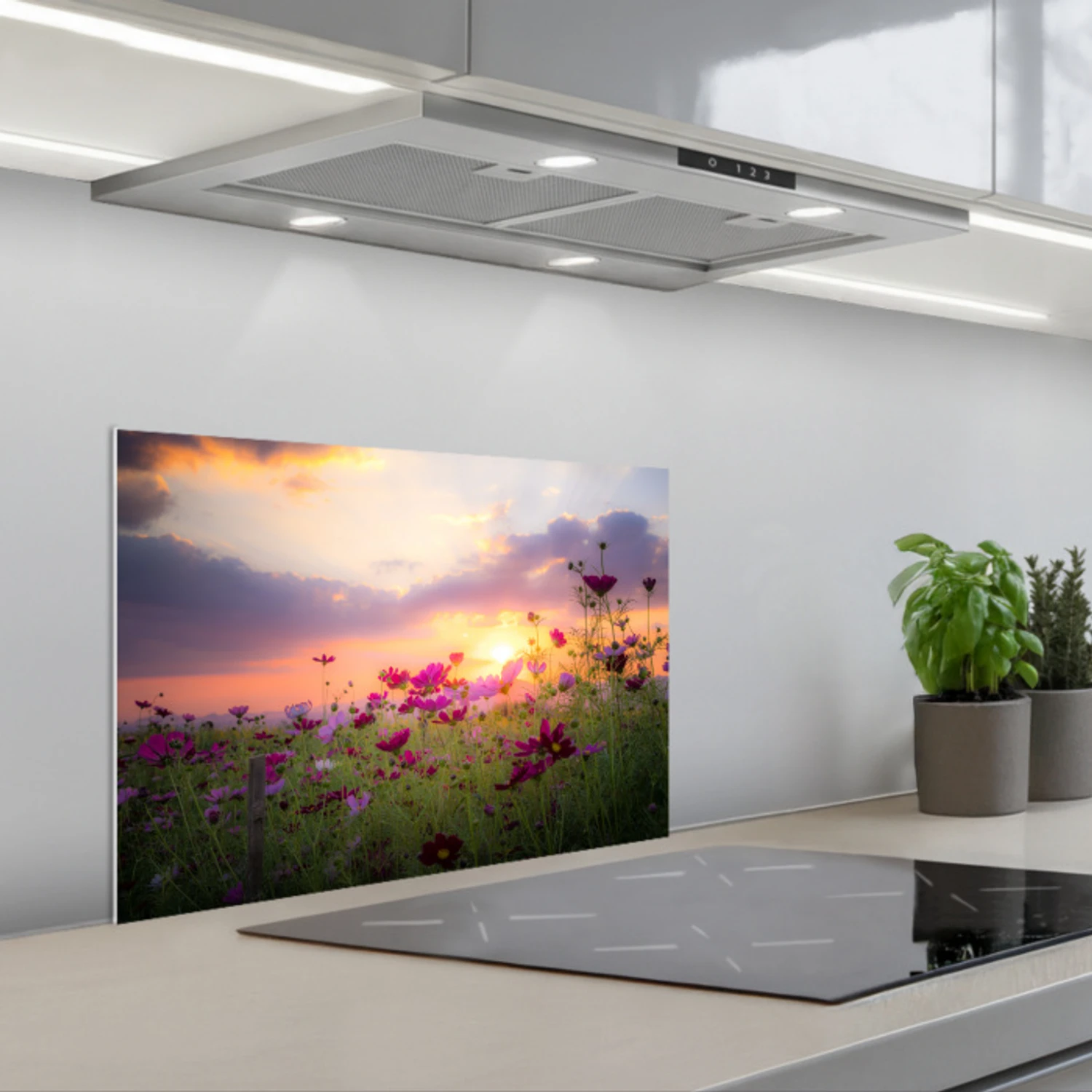 Bloemen - Roze - Zonsondergang - Natuur - Weide - Horizon keuken achterwand spatscherm klein -3d_schuin