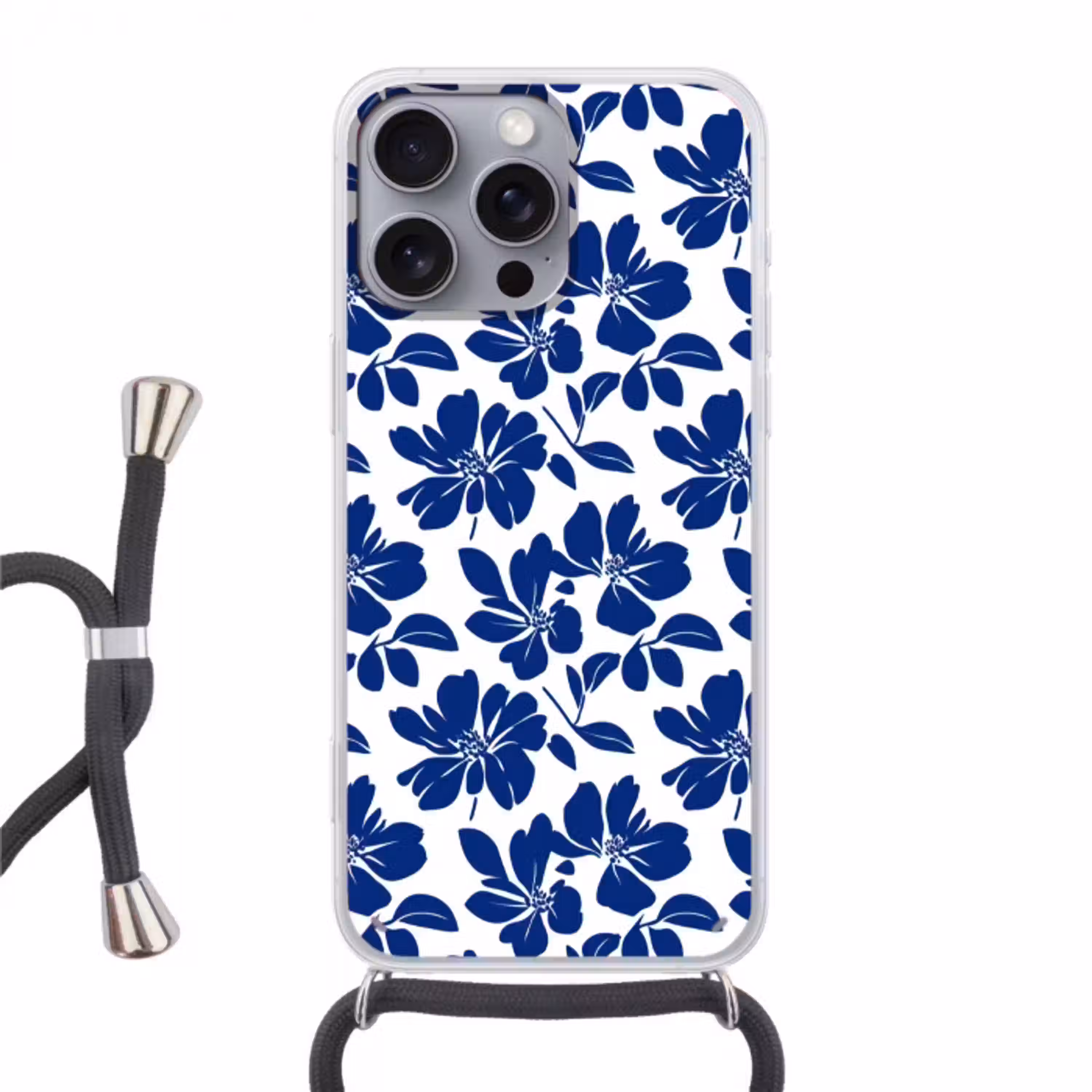 Floraal - Modern - Blauw Hoesje iPhone 16 Pro Max met koord klein 804 -3d