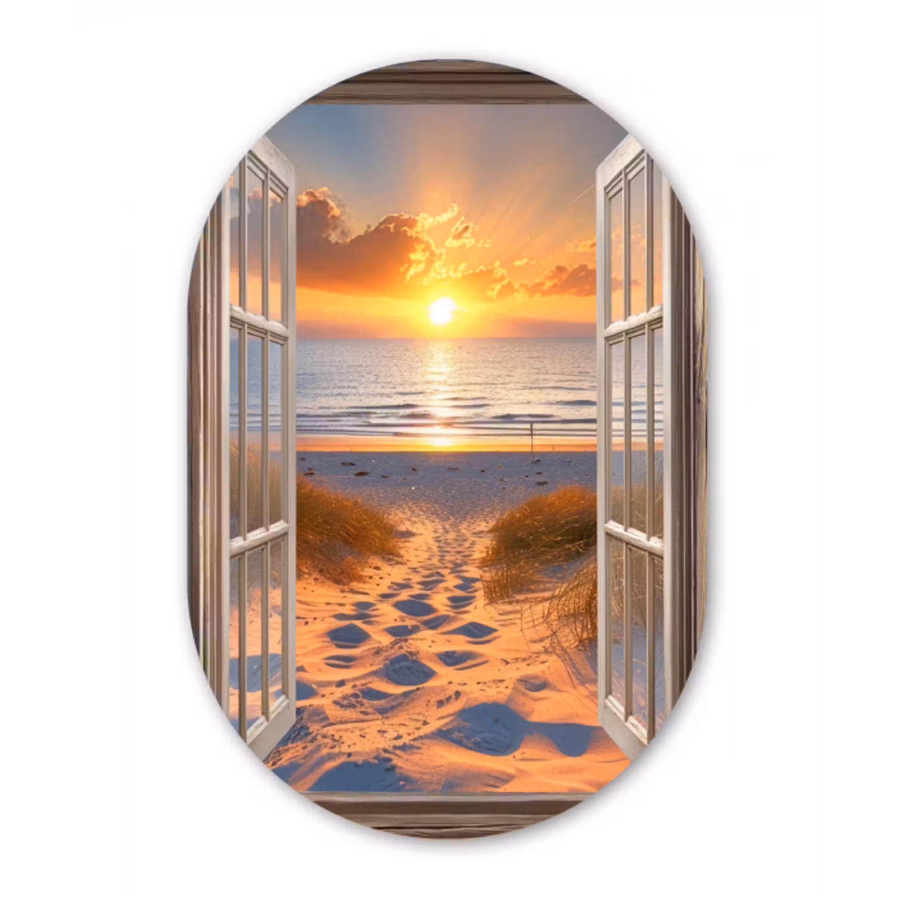 Doorkijk - Strand - Duinen - Zonsondergang Wandcirkel Ovaal Glas middel -3d