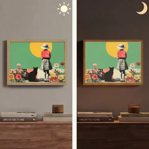 Retro - Meisje - Kat - Zon Light Box met batterij (Wandlamp) middel -sfeer3