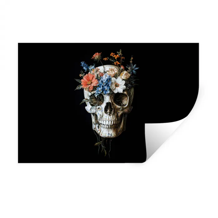 Bloemen - Schedel - Kleurrijk Muursticker klein -3d