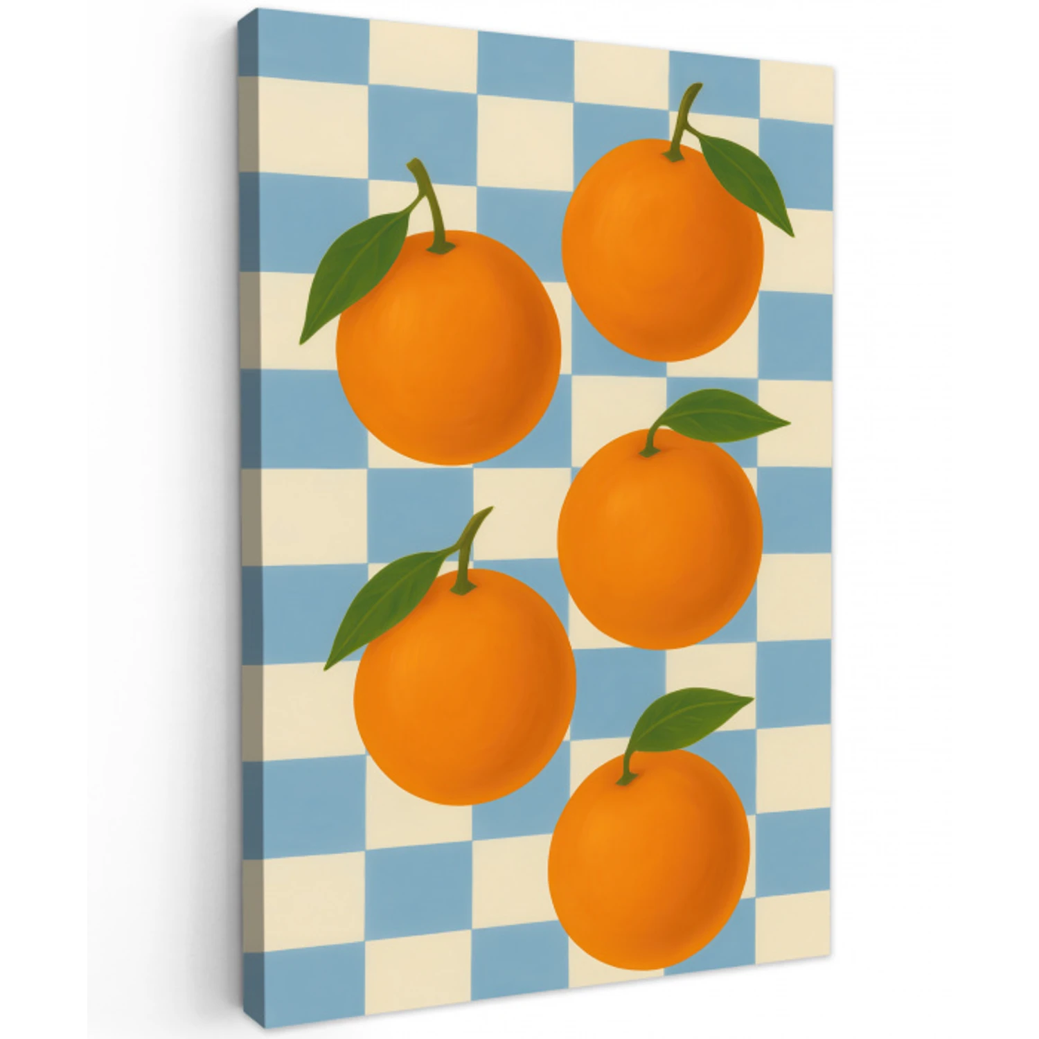 Sinaasappels - Blaadjes - Geblokt - Blauw Tuinposter op houten frame 2 cm dik middel -3d