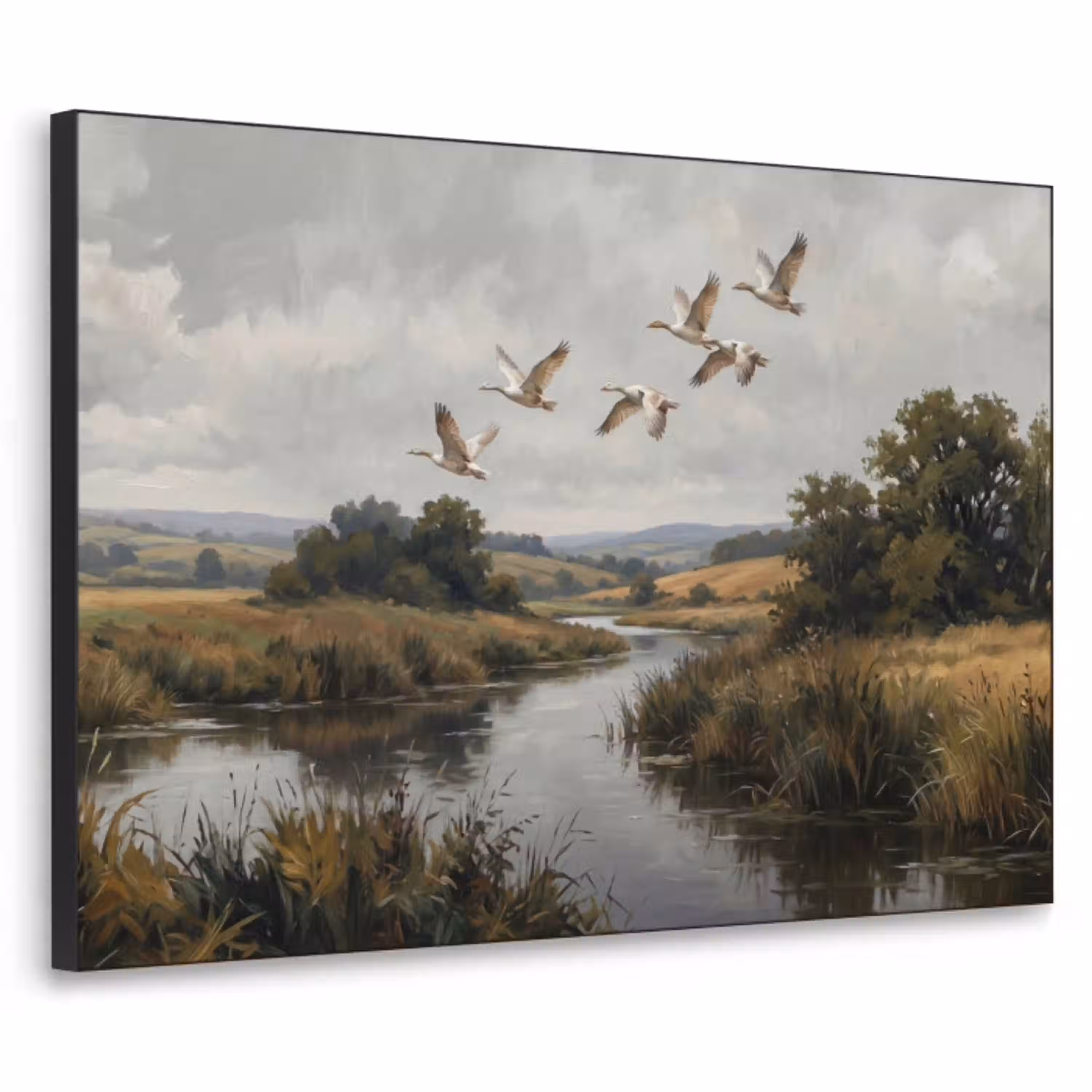 Eenden - Rivier - Landschap - Vlucht - Nostalgisch Textielframe zwart klein -3d