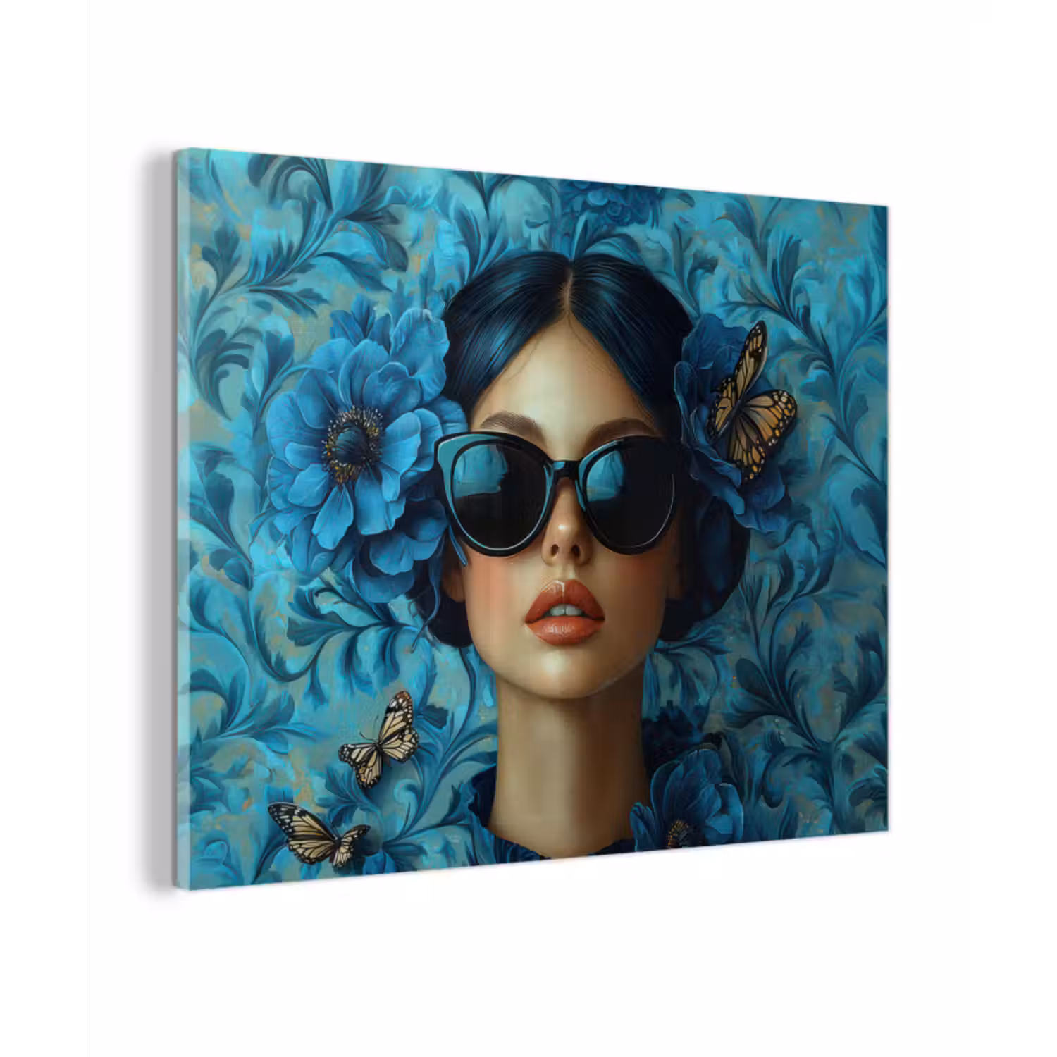 Glas schilderij - Vrouw - Bloemen - Vlinders - Blauw - Abstract