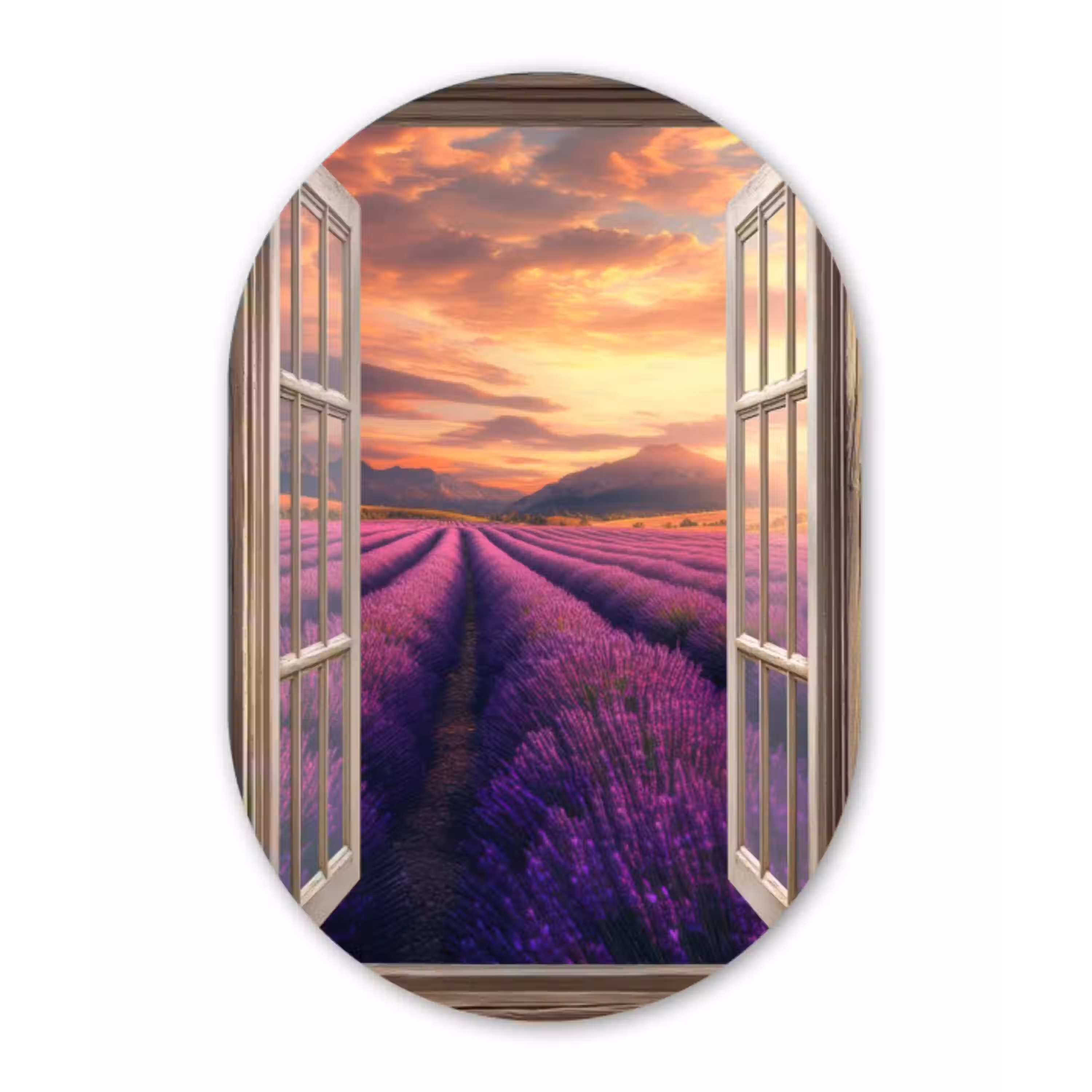 Doorkijk - Lavendel - Landschap - Bloemen - Paars Wandcirkel Ovaal Aluminium middel -3d