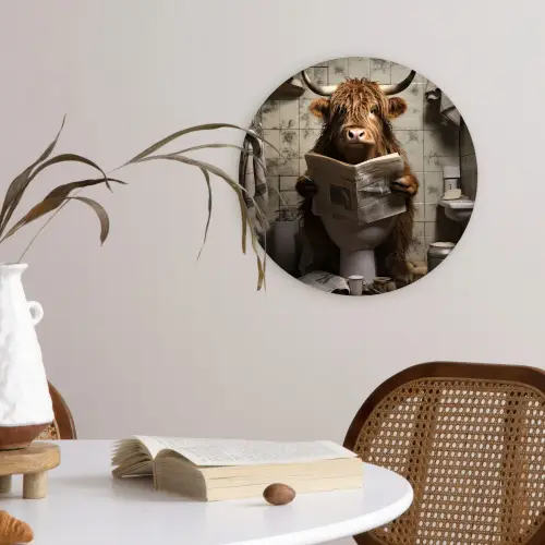 Schotse hooglander - Toilet - Krant - Badkamer Wandcirkel kunststof plaat 5mm dik klein -sfeer4