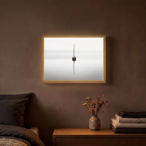 Zeilboot - Zwart - Water - Silhouet Light Box met batterij (Wandlamp) middel -sfeer4