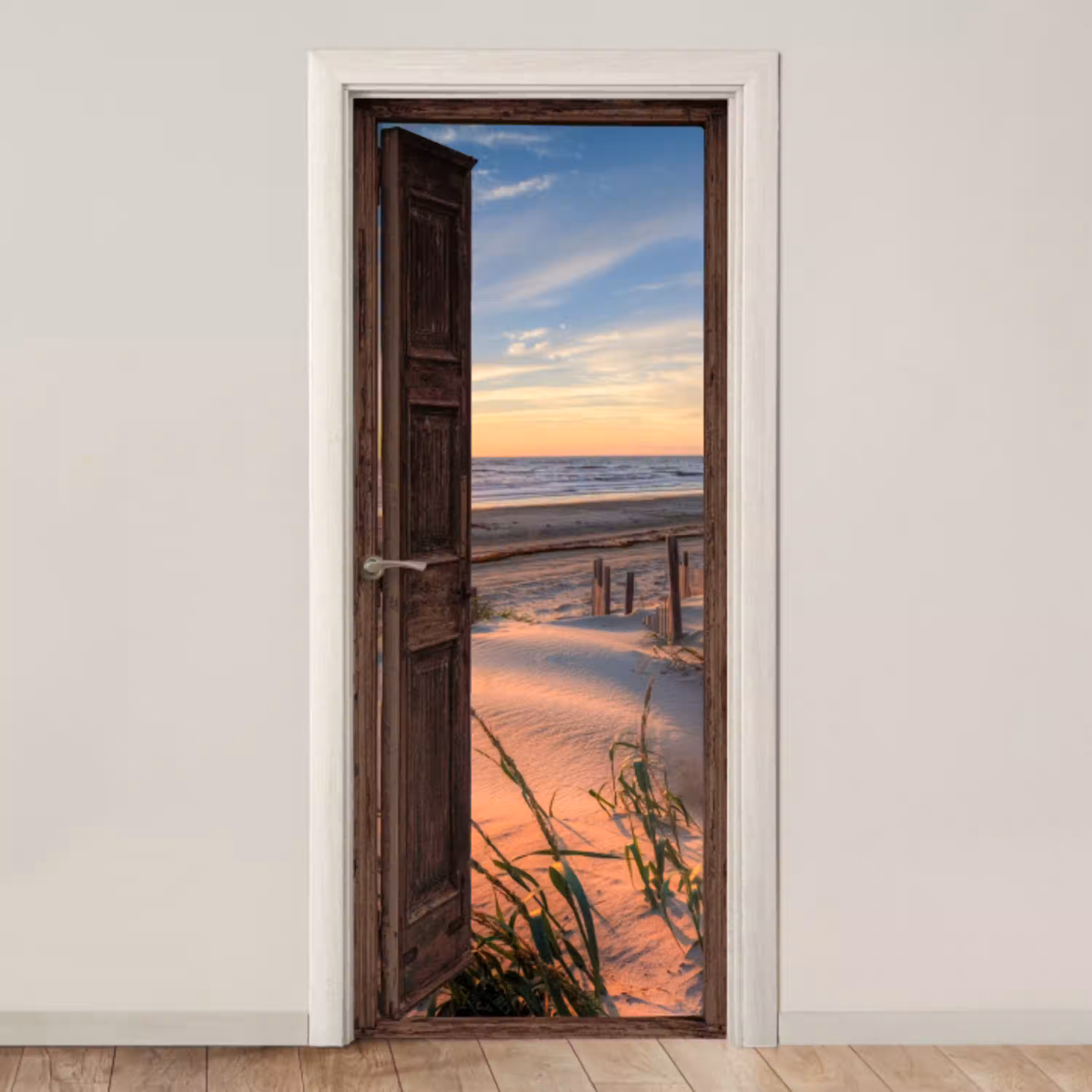 Doorkijk - Strand - Zee - Natuur - Duinen deurposter klein -3d_beige