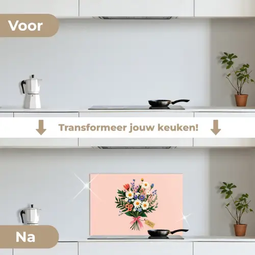Margrieten - Boeket - Strikje - Roze keuken achterwand spatscherm klein -voor_na_NL