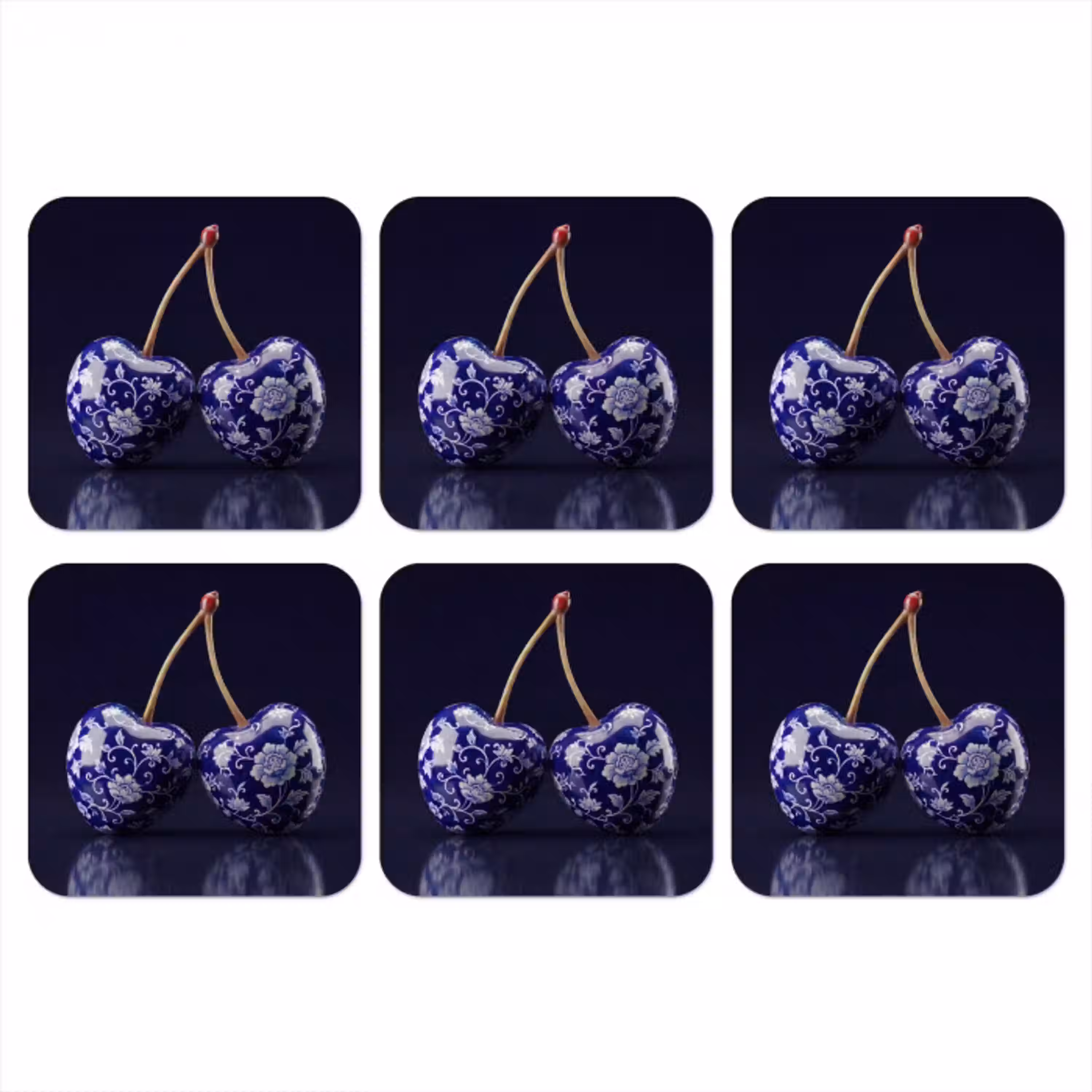 Porselein- Kersen - Delfts - Blauw onderzetter kurk middel -3d