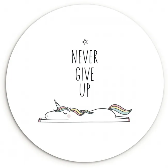 Unicorn - Kinderen - Quotes - Never give up - Meisjes Wandcirkel kunststof plaat 5mm dik klein -3d