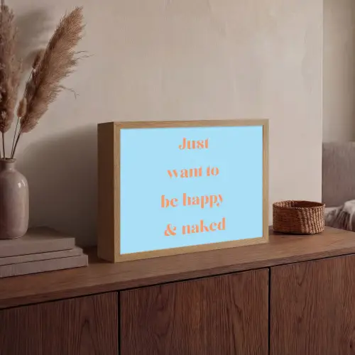 Blauw - Oranje - Just want to be happy & naked Light Box met batterij (Wandlamp) middel -sfeer2