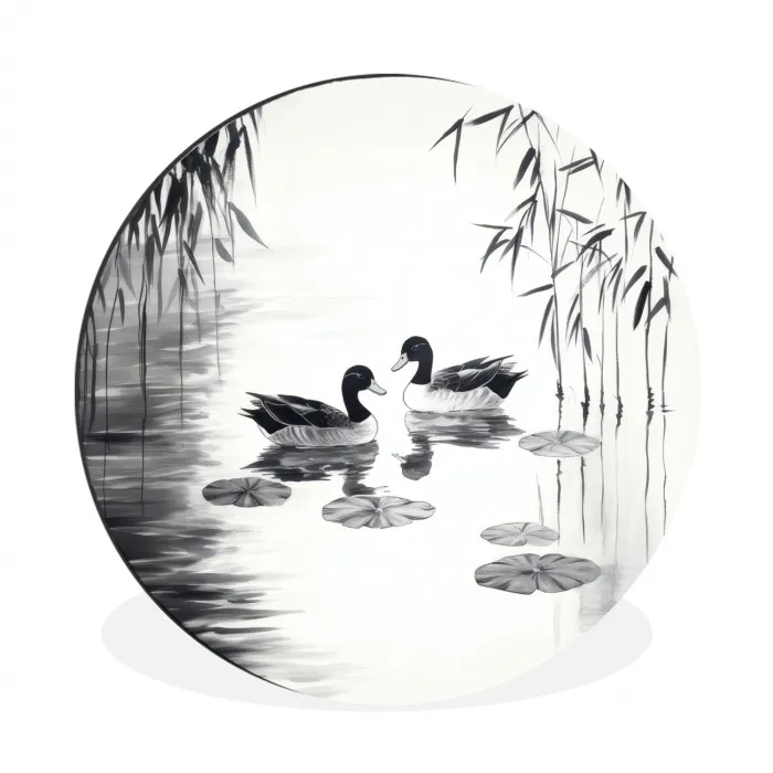Eenden - Waterlelies - Riet - Zwart Wandcirkel aluminium klein -3d