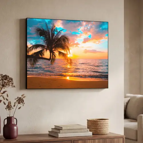 Palm - Zonsondergang - Horizon - Strand - Zee - Tropisch Textielframe zwart klein -sfeer3