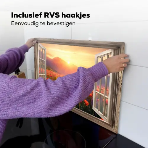 Doorkijk - Klaprozen - Bloemen - Rood - Open raam Inductie beschemer met haakjes klein -ky-ophangen-nl